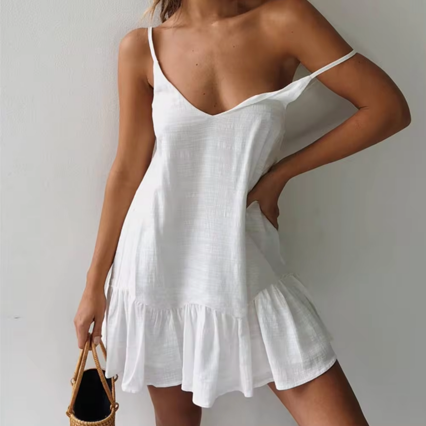 Spaghetti Strap V-Neck Ruffle Hem Linen-Look Mini Dress