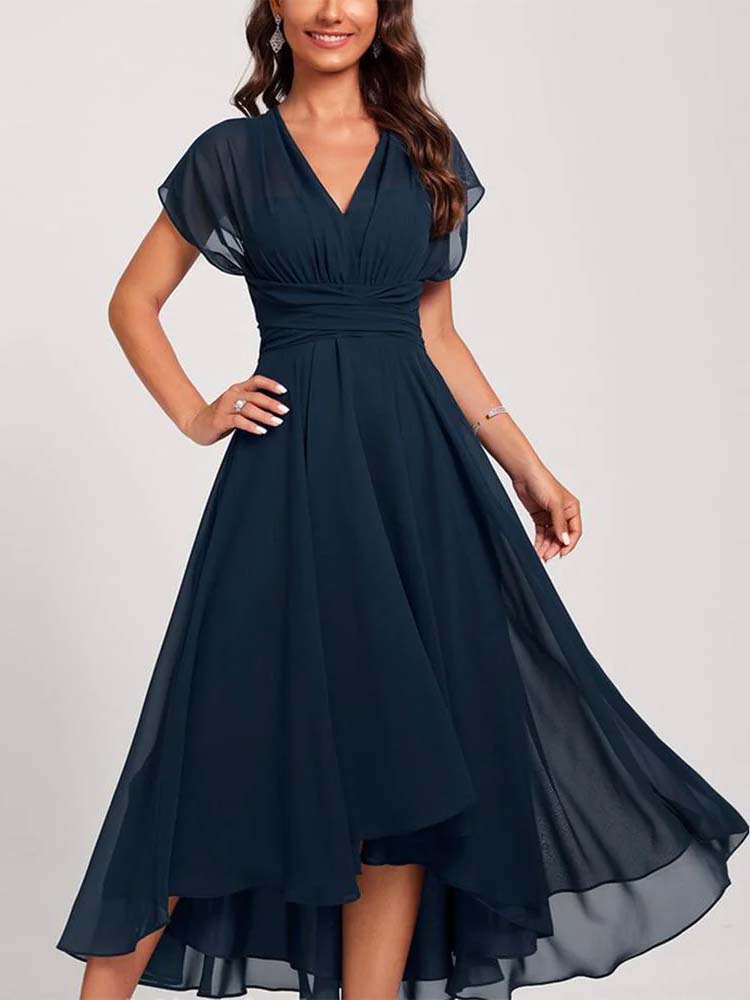 Deep V-Neck Flutter Sleeve Ruched Waist Asymmetric High-Low Midi Dress