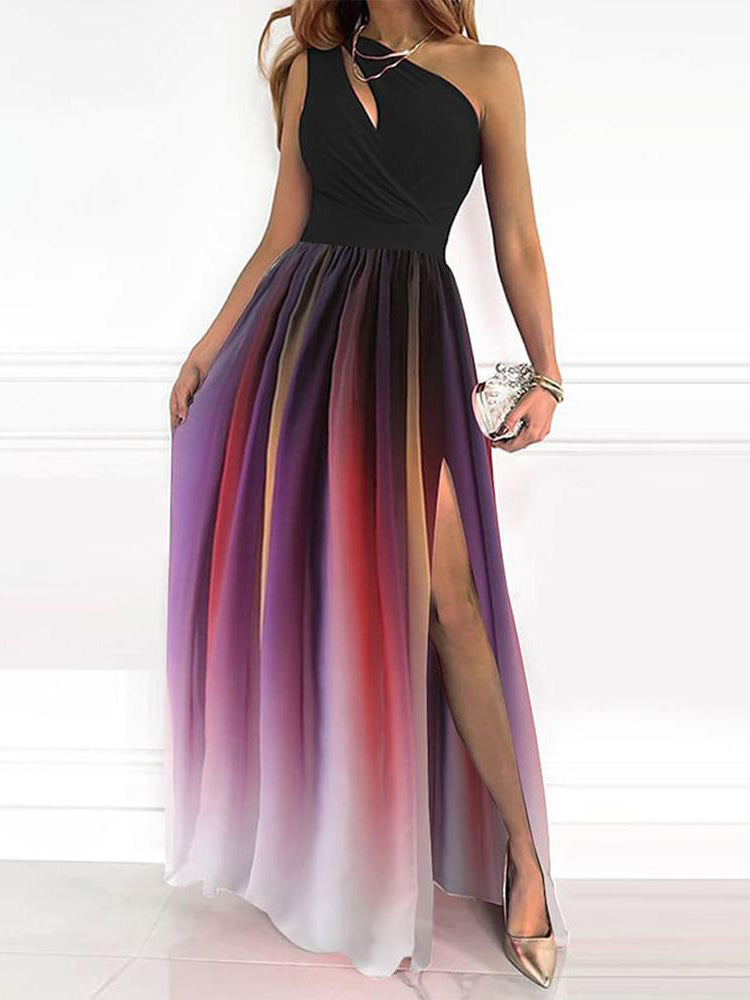 One-Shoulder Cutout Ombre Pleated Side Slit Maxi Dress