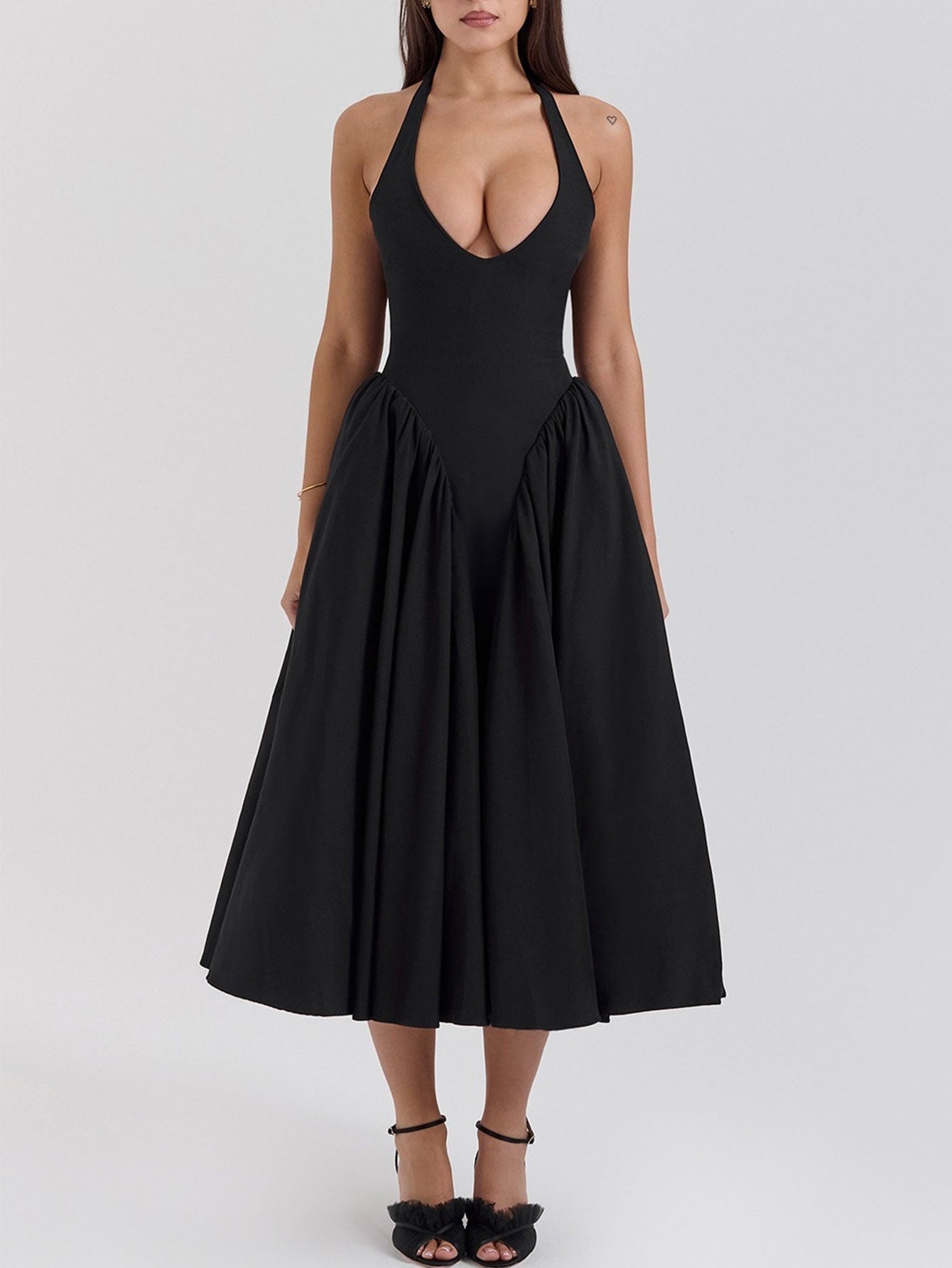Gingham Plunge Halter Neck Fit and Flare Midi Dress