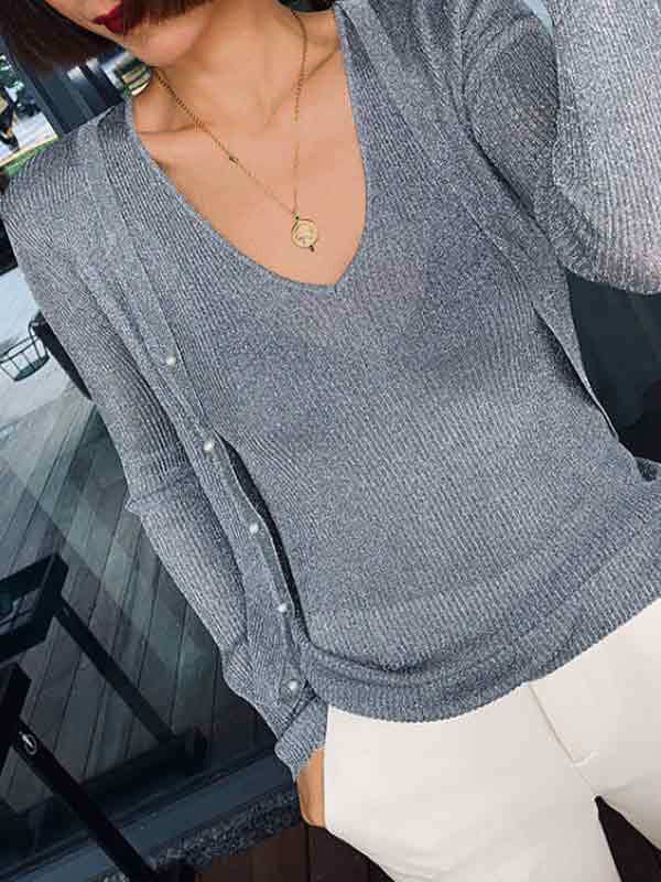 Glitter Ribbed Pearl Button Long Sleeve Knit