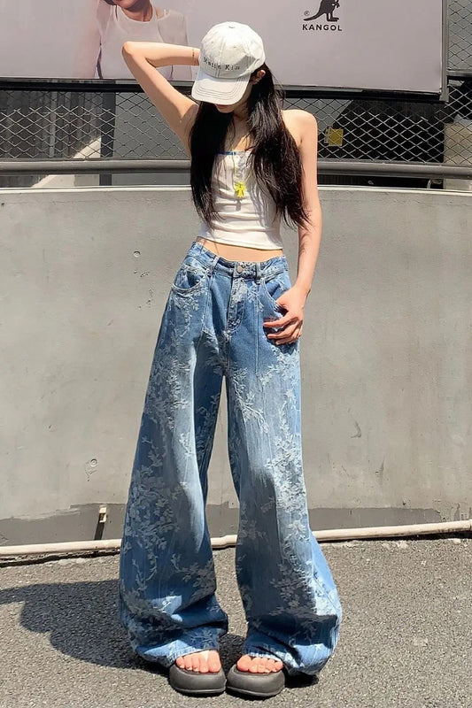 High Waisted Jacquard Baggy Jeans
