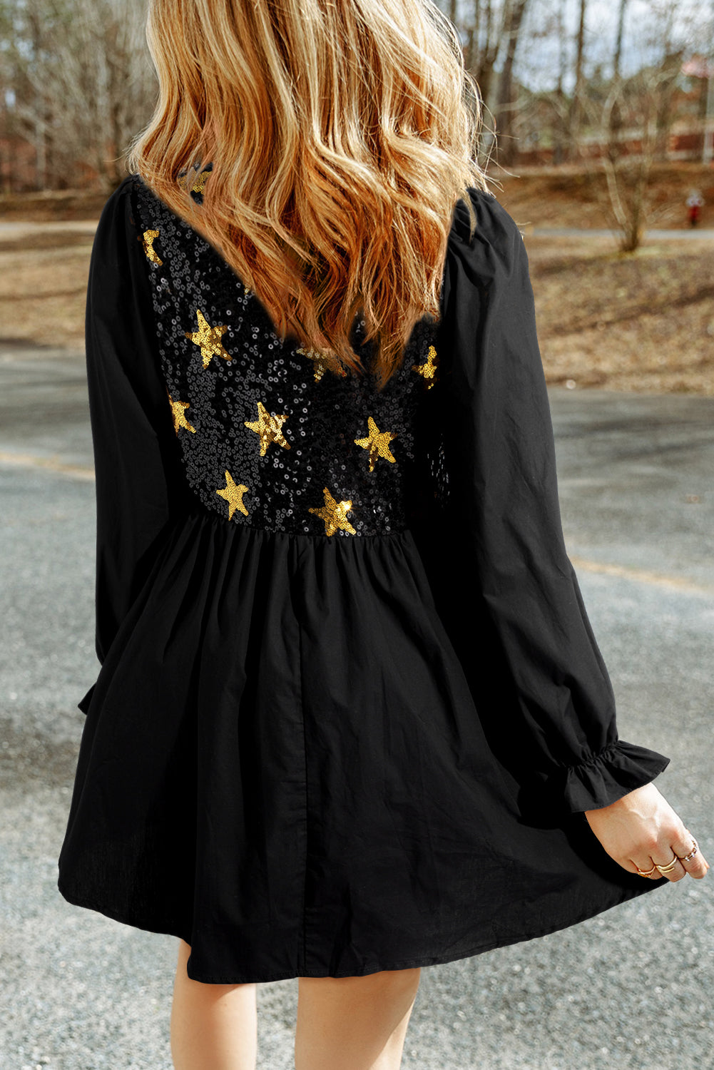 Star Sequin Puff Sleeve Crew Neck Empire Waist Babydoll Mini Dress