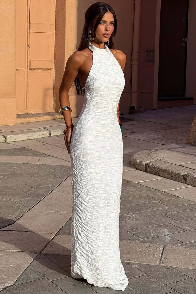 Halter Neck Crinkle Texture Bodycon Maxi Dress