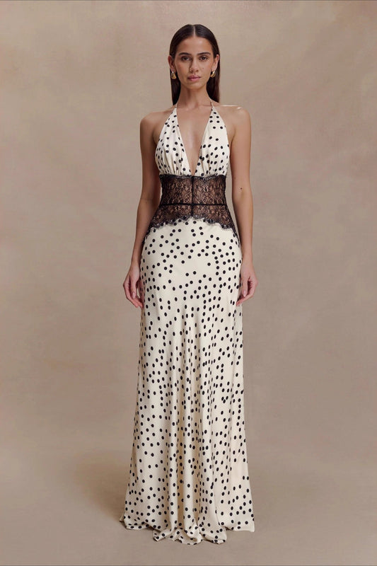 | Polka Dot Lace Patchwork Deep V Backless Maxi Dress