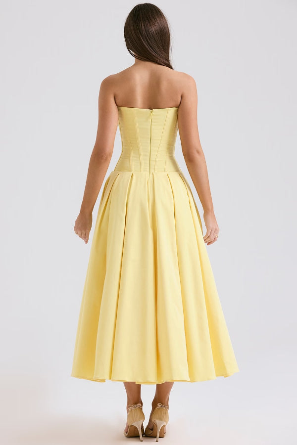 Strapless Corset Sweetheart Neckline Pleated Full Skirt Midi Dress