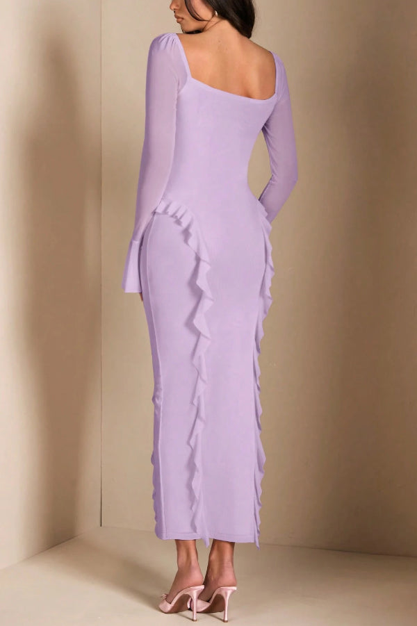 Solid Color Long-sleeved Ruffled Slim-fit Maxi Dress