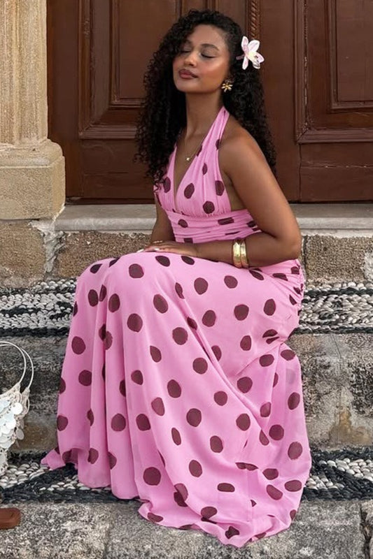 | Polka Dot Halter V-neck Maxi Dress