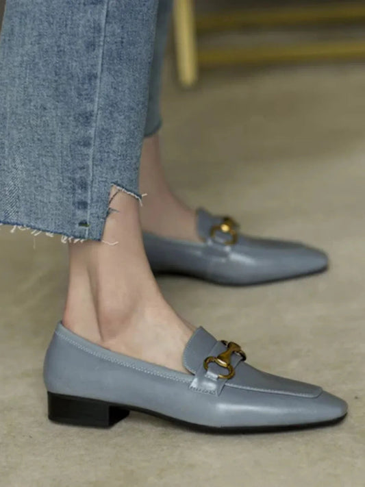 Leather Flat Shoes With Low Heel Metal Accent Square Toe