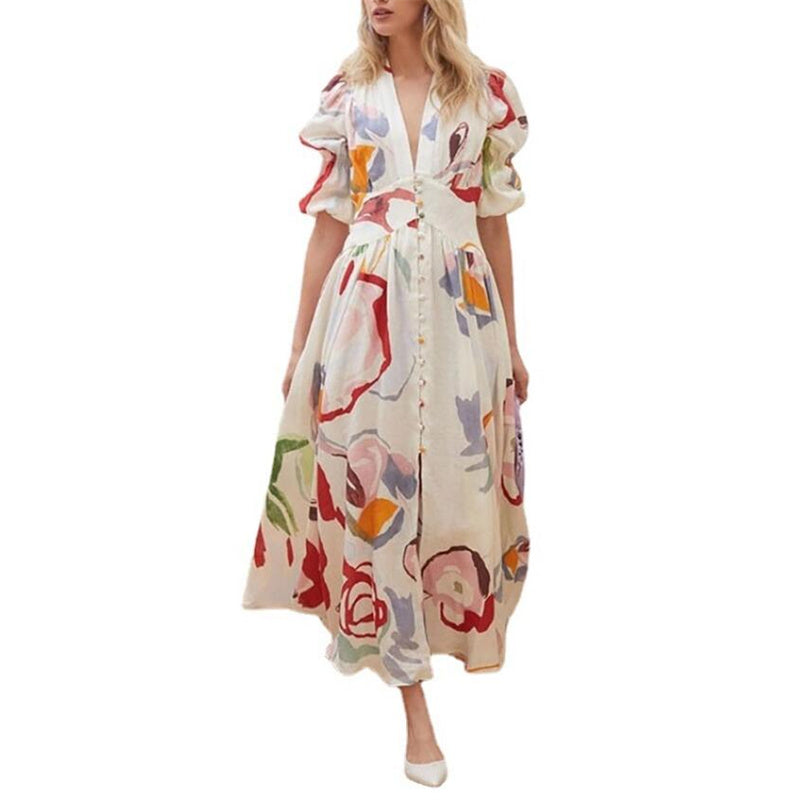 V-Neck Printed Maxi Dress in Blue, Gold, Green, Rose Red, White