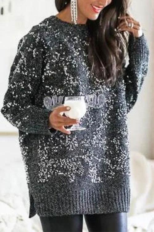 Margovil Crewneck Side Split Sequin Glitter Sweater
