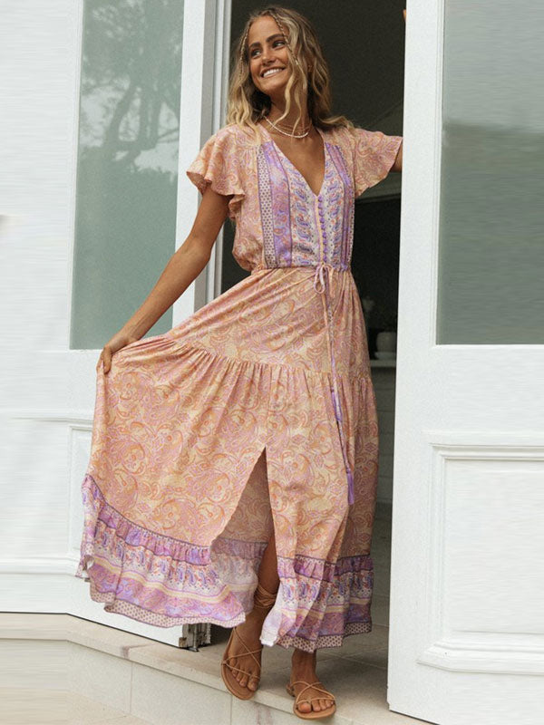 Boho Floral Maxi Dress for Women - Paisley V Neck Flutter Sleeve Layered Swing Dress - Summer Beach Party 2026