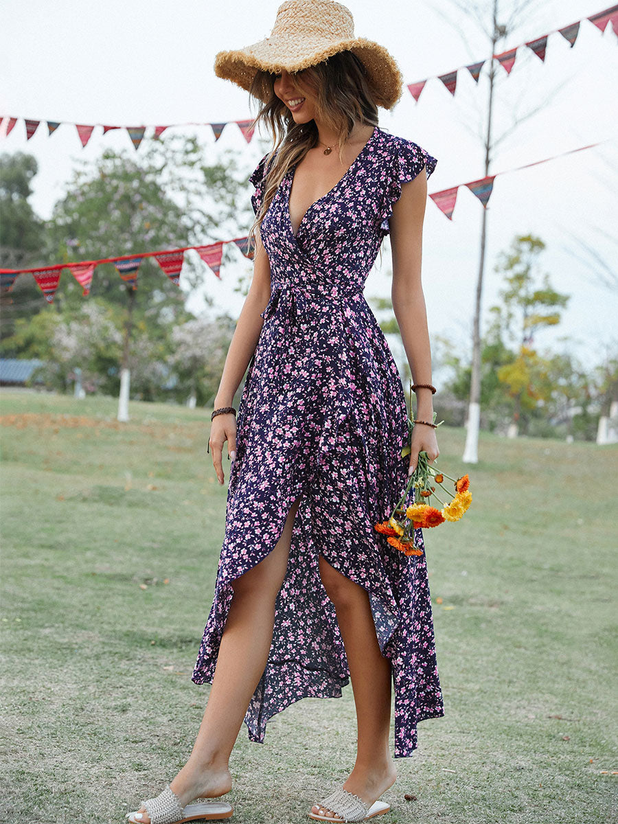 Floral High Low Wrap Dress for Women - Flutter Sleeve V Neck Ruffle Hem Long Dress - Summer Garden Wedding Guest 2026
