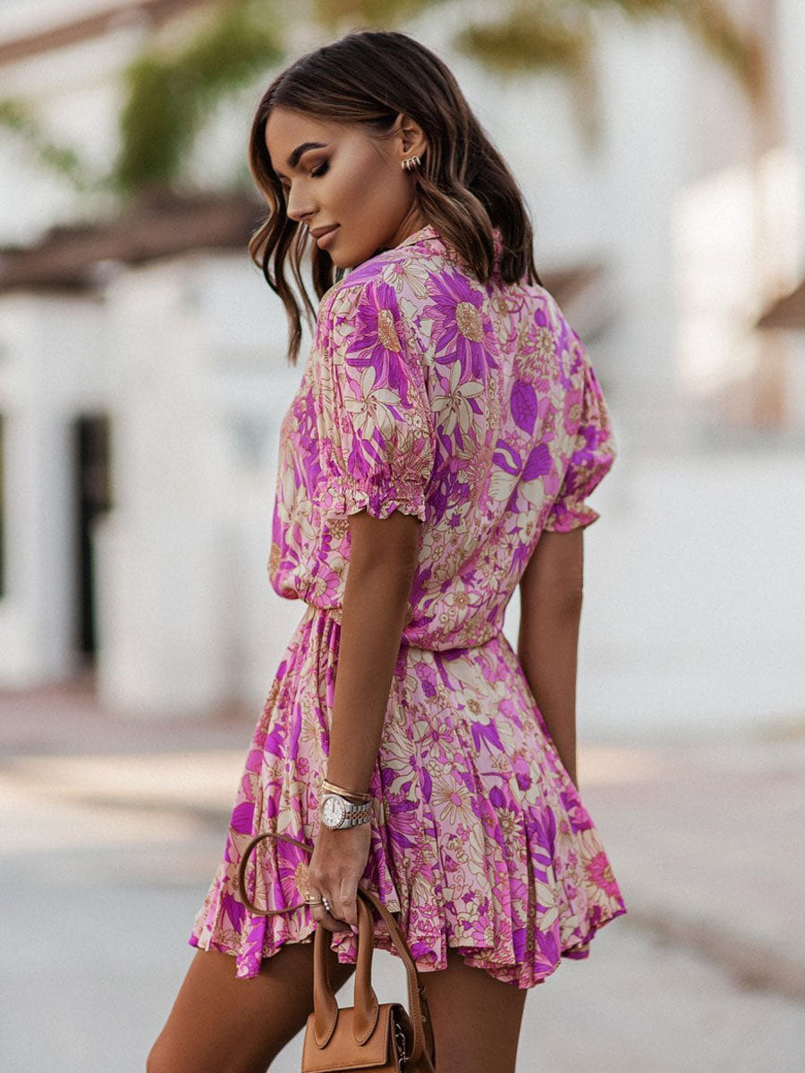 Vibrant Floral Shirt Dress for Women - Puff Sleeve Belted Mini Skater Dress - Summer Casual Vacation 2026