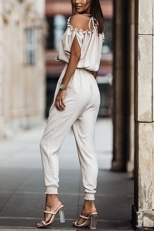 Margovil Wrap V Neck Cold Shoulder Elastic Waist Jogger Jumpsuit