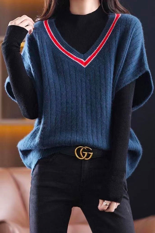 margovil V Neck Short Sleeve Color Block Sweater