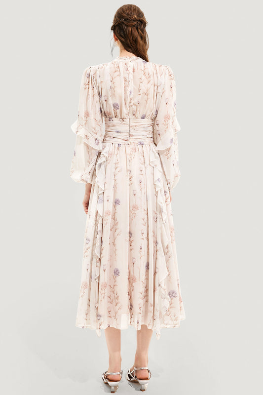 Floral Round Neck Puff Sleeve Midi Dress