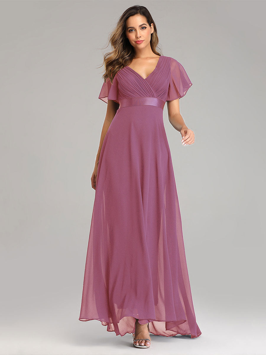 Chiffon Prom Dresses V-Neck Short Sleeves Semi Formal Maxi Dress In Burgundy