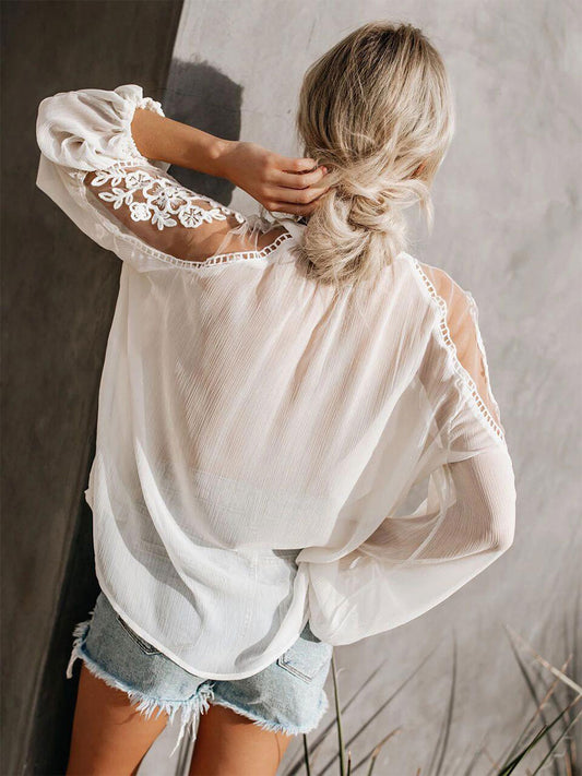 Blouse For Women White Sheer Flowers Embroidered Bohemian Long Sleeves Tops