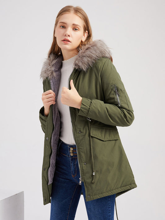 Winter Coats Pink Medium Drawstring Hooded Front Button Long Sleeves Two-Tone Casual Winter Coat Outerwear