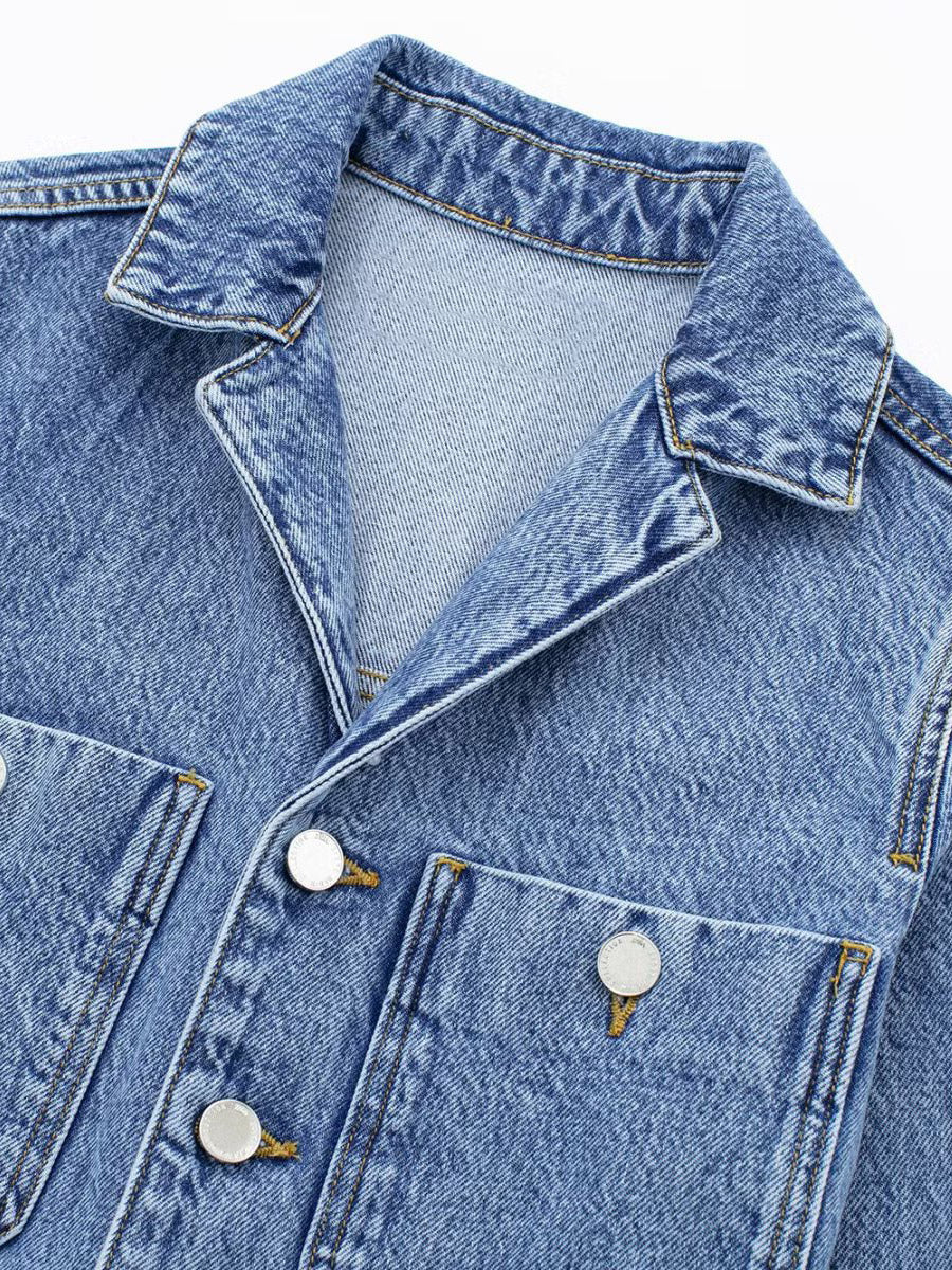 Denim Jumpsuit Pleated Neck Front Button Straight Solid Color Playsuit