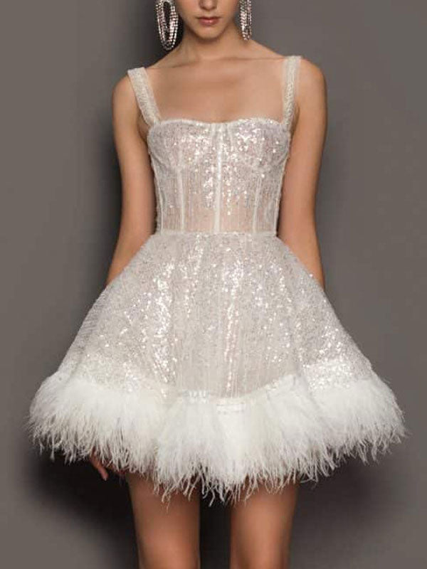 Party Dresses Ecru White Straps Neck Sequins Sleeveless Sheer Mini Dress