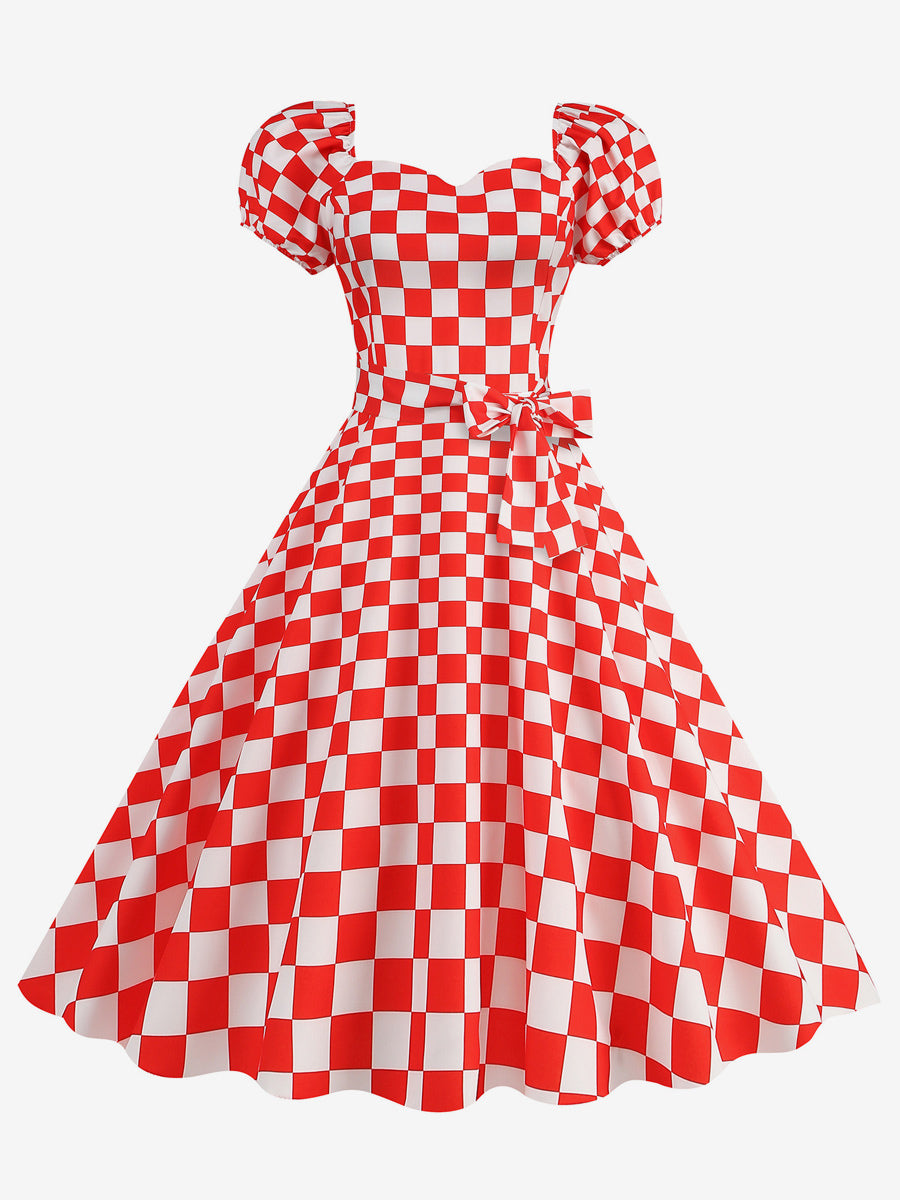 Retro Glamour Dress Sweetheart Neck Puff Sleeves Polka Dots Casual Long Dresses