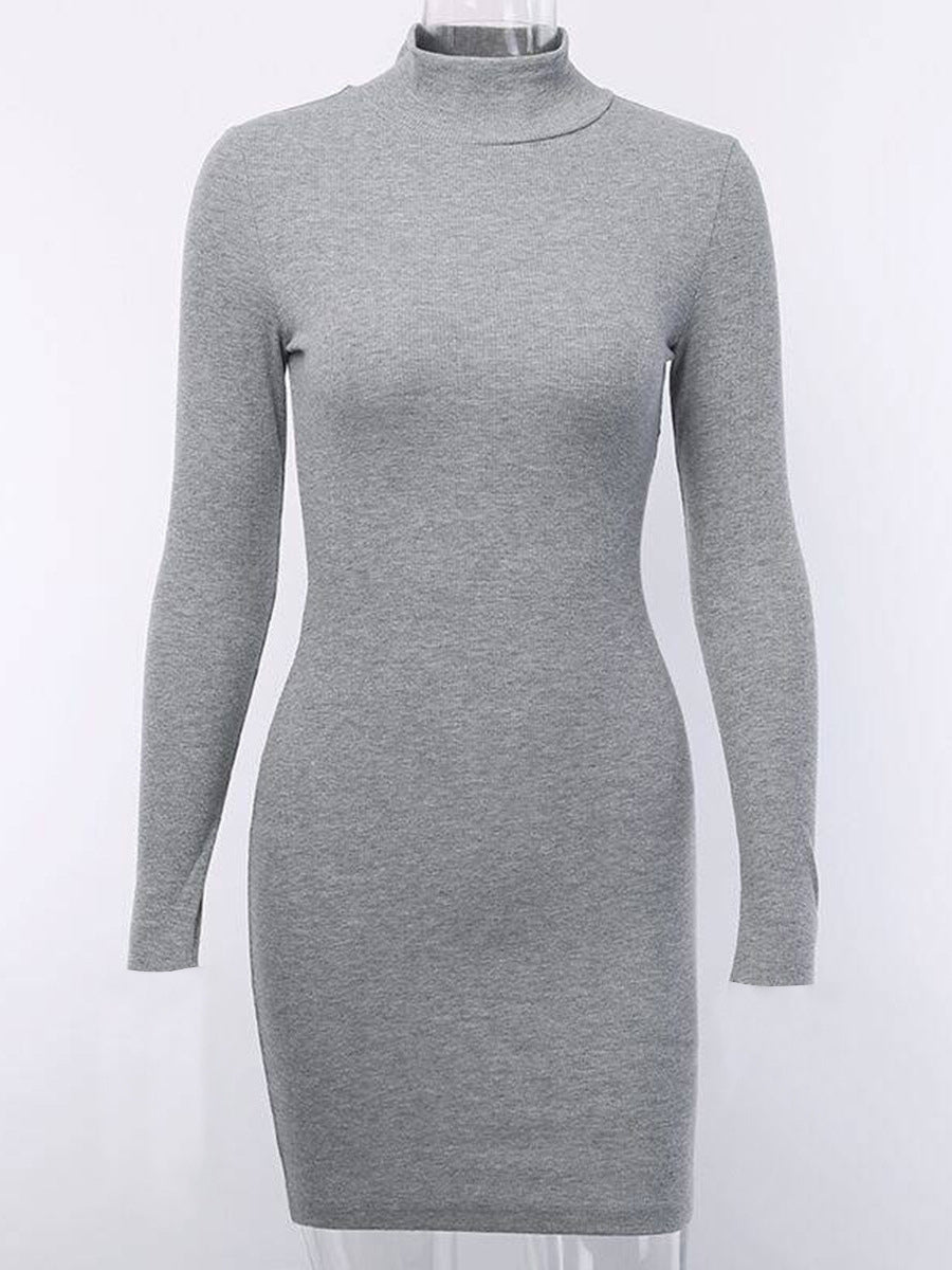 Knitted Bodycon Dress Mock Neck Long Sleeves Casual Sheath Mini Dresses