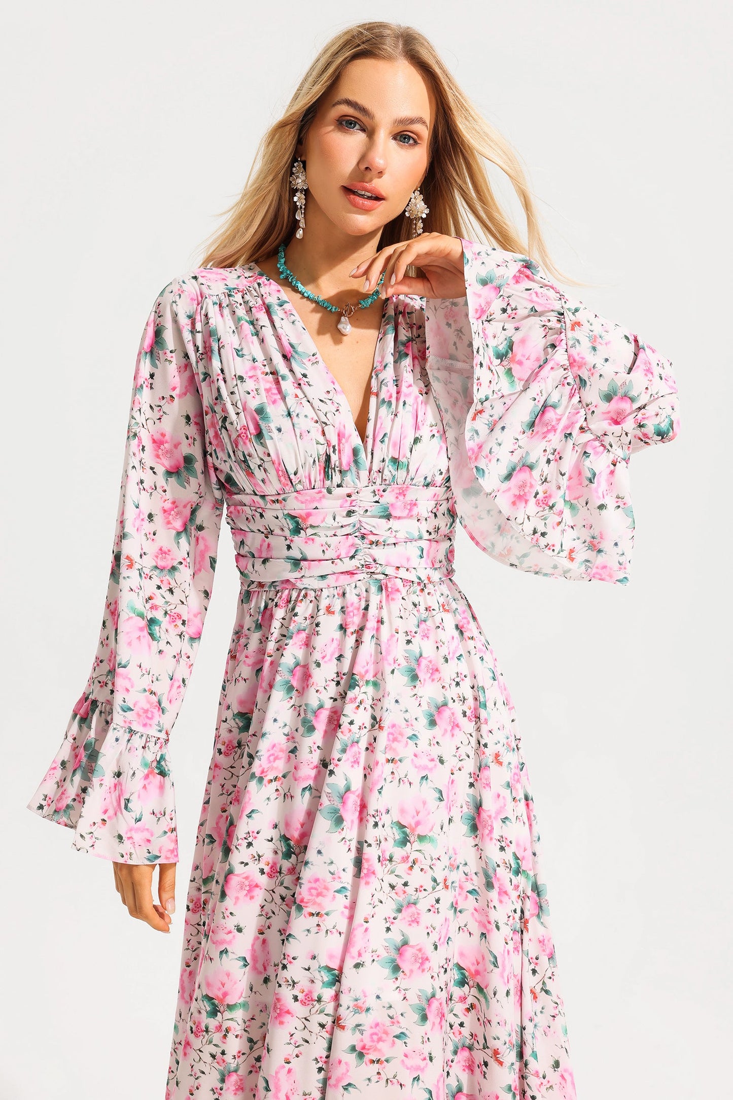 Floral V-Neck Ball Sleeve Midi Dress