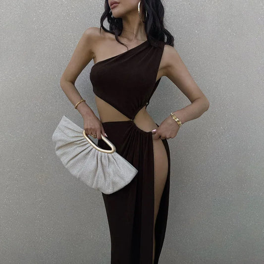 Hollow Oblique Shoulder Midi Dress