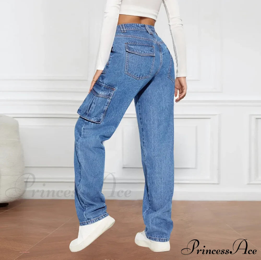 Blue Autumn Cargo Women High Waist Button Pocket Denim Pants High Quality Female Cowboy Jeans