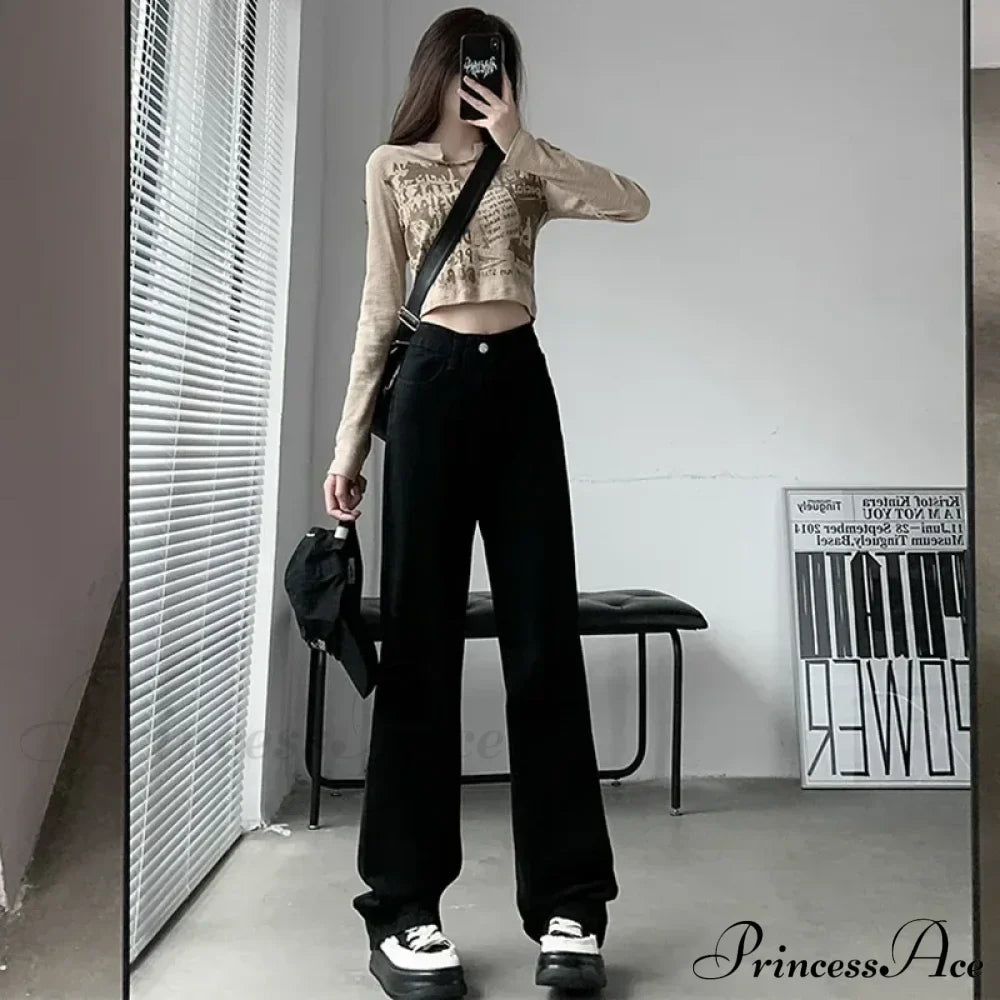 Spring Autumn New Vintage Waist Pants For Women Korean Fashion Streetwear Straight Casual Baggy Woman Jeans
