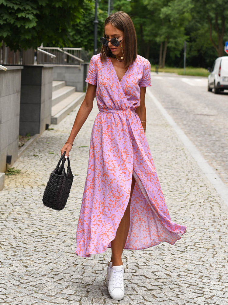 Printed Wrap Dress V-Neck Short Sleeves Belted Casual Summer Midi Dresses