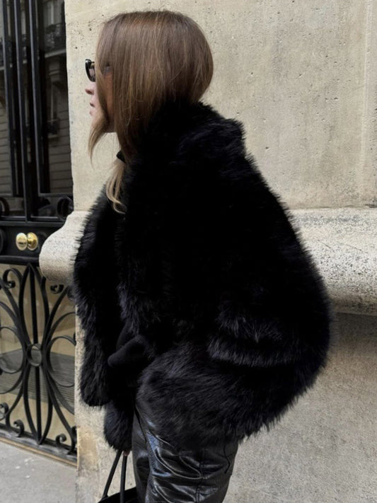 Faux Fur Coats Black Raised Waist Long Sleeves Faux Fur Jacket Winter Coat