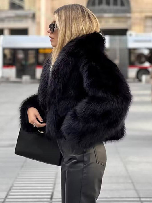 Faux Fur Coats Black No Waistline Long Sleeves Oversized Winter Coat