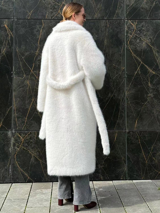 Faux Fur Coat In White Notched Lapel Belted Eco-friendly Winter Long Jacket 2026