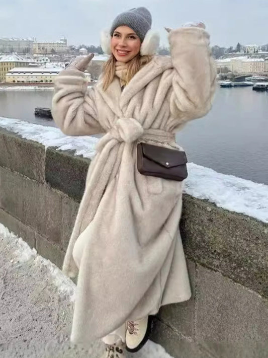 Faux Fur Long Coat With Hood Light Apricot Oversized Winter Outerwear For Women 2026