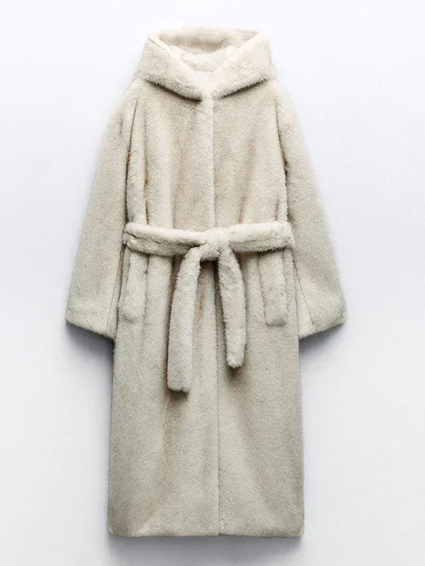 Faux Fur Long Coat With Hood Light Apricot Oversized Winter Outerwear For Women 2026