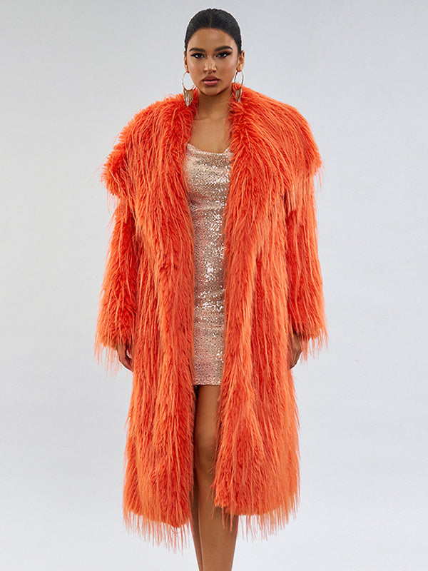 Faux Fur Coats Orange No Waistline Long Sleeves Faux Fur Coat Oversized Women Coat