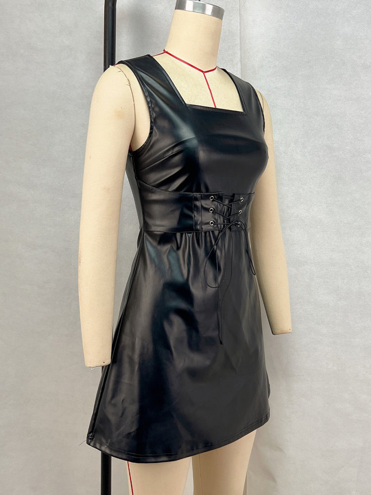 PU Leather Corset Dress Sleeveless Square Neck Sexy Short Club Dress For Women 2026