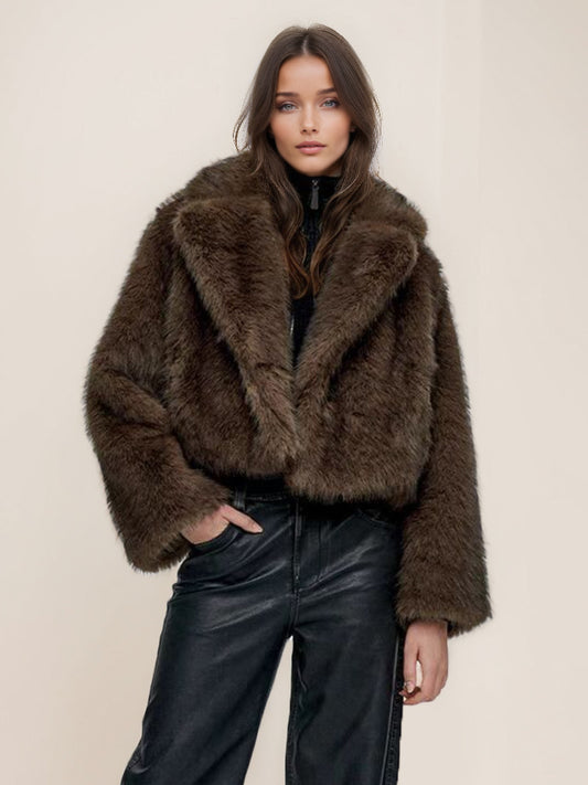 Faux Fur Jacket In Brown Notched Lapel Winter Outerwear For Women 2026