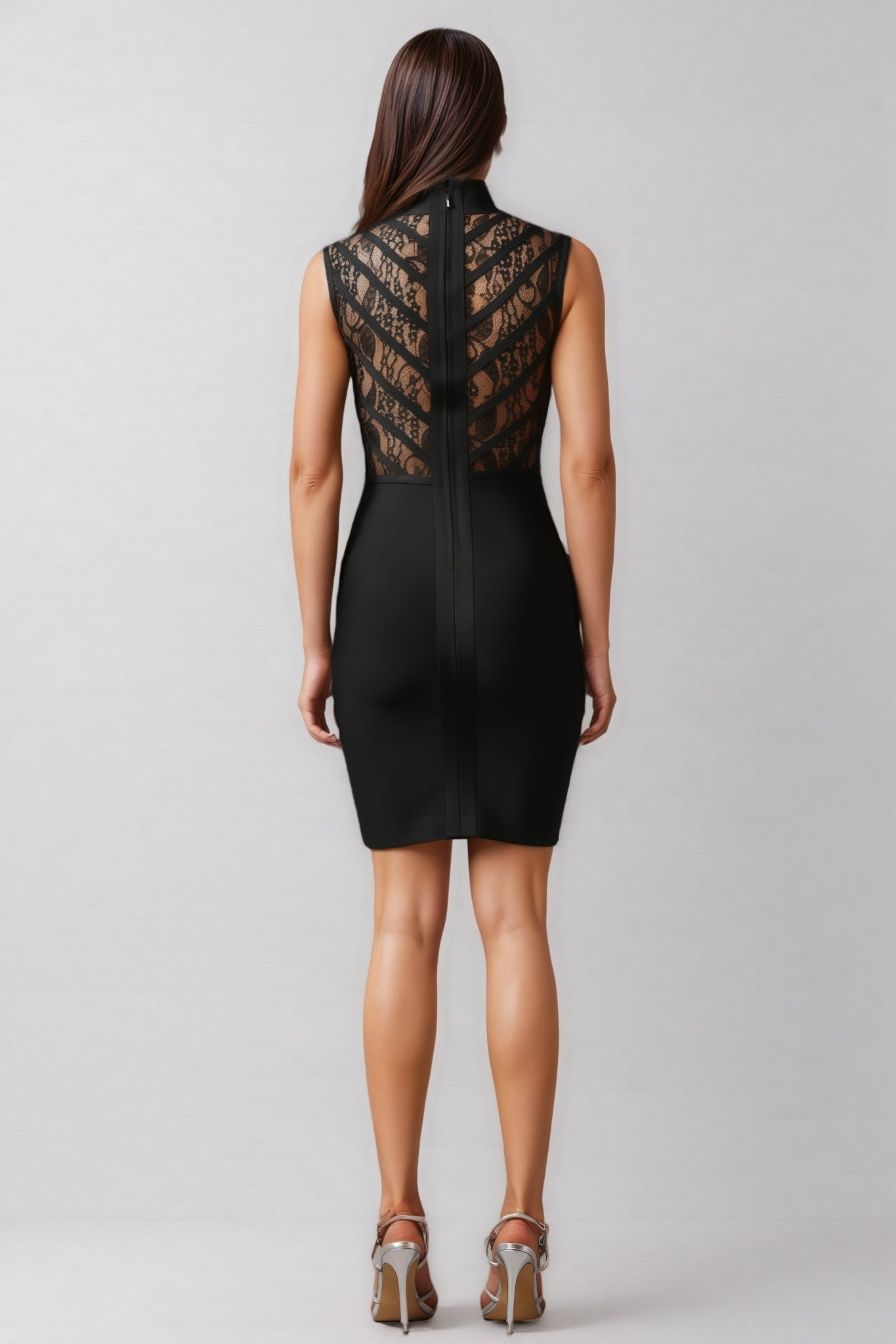 Zaroe Round Collar Sleeveless Lace Bandage Mini Dress