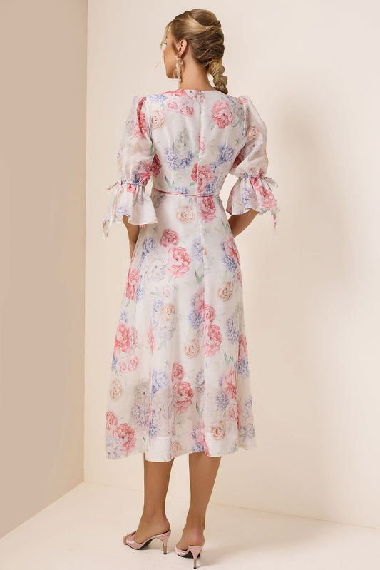3D Flower Floral Lantern Sleeve Midi Dress
