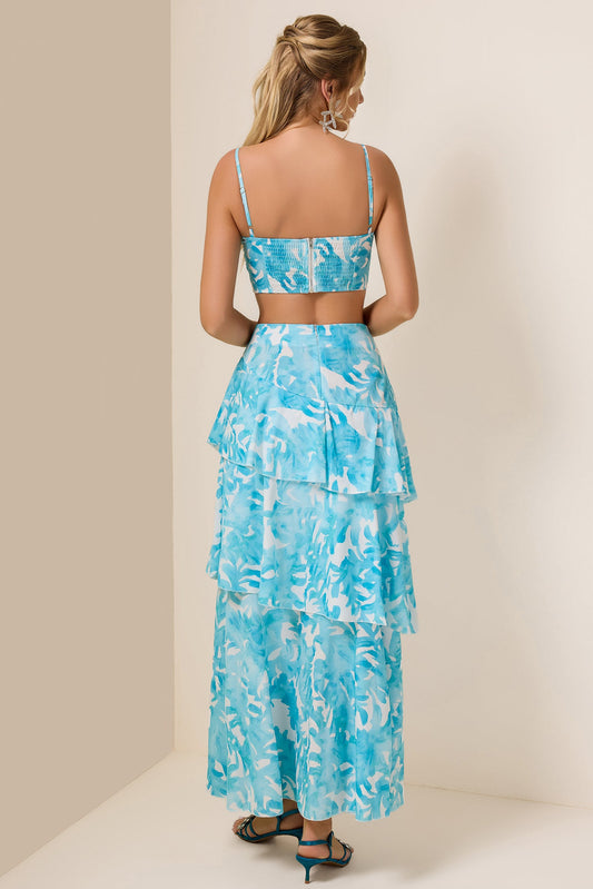 Abstract Print Top & High Waist Ruffle Skirt Set