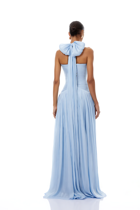 Elegant V-neck Pleated Slit Maxi Dress