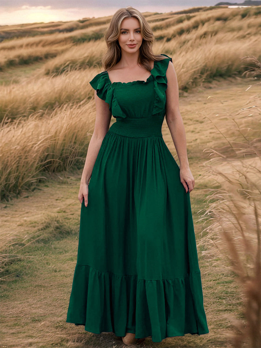 Smocked Waist Maxi Boho Dress for Women - Flutter Sleeve Square Neck Tiered Ruffle Flowy Gown - Summer Beach Sundress 2026