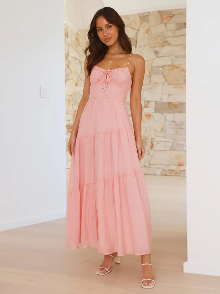 Tiered Maxi Sundress for Women - Ruched Bust Tie Front A Line Long Slip Dress - Summer Beach Wedding Guest 2026