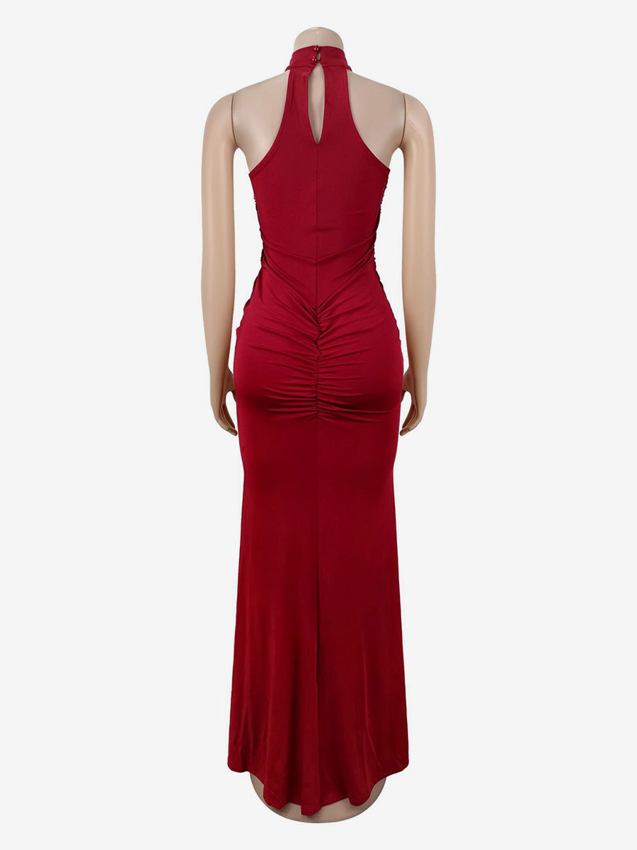 Sequin Halter Neck Ruched Waist High Slit Evening Long Dress For Women 2026