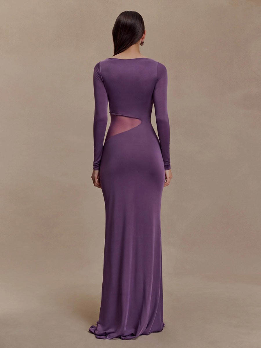 Side Mesh Cutout High Slit Long Sleeve Maxi Bodycon Evening Dress For Women 2026
