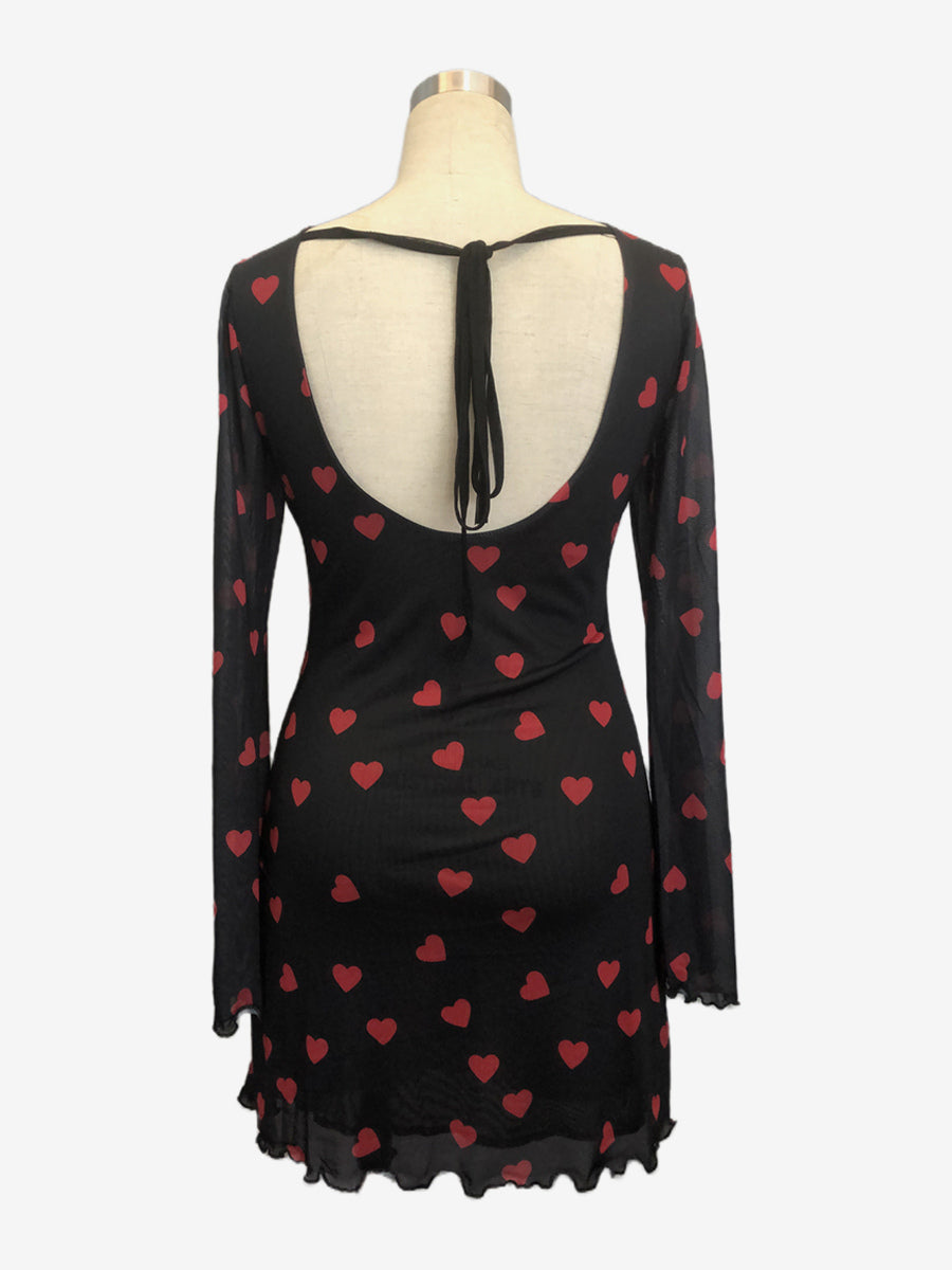 Backless Heart Print Long Sleeve Mini Dress For Women 2026